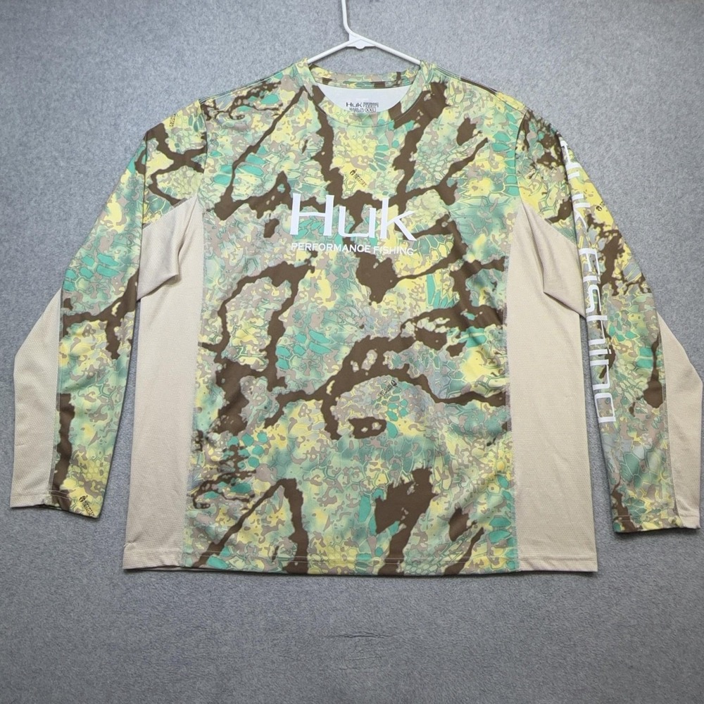Huk Performance Fishing Shirt Mens XXL Beige Camo Kryptek Obskura Long Sleeve